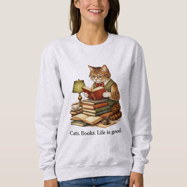 Camiseta Camisola de Gato Engraçado Lendo Livros – Design R (Frente)