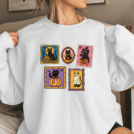 Camiseta Camisola de Halloween Feminina Black Cat Stamps | 