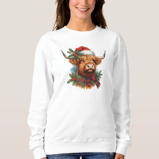 Camiseta Camisola de Natal das mulheres da Highland Cow (Frente)