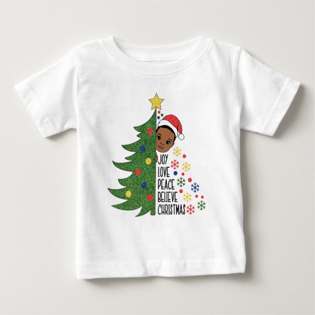 Camiseta Camisola de Natal de Menino Negro Melanina Meninos (Frente)