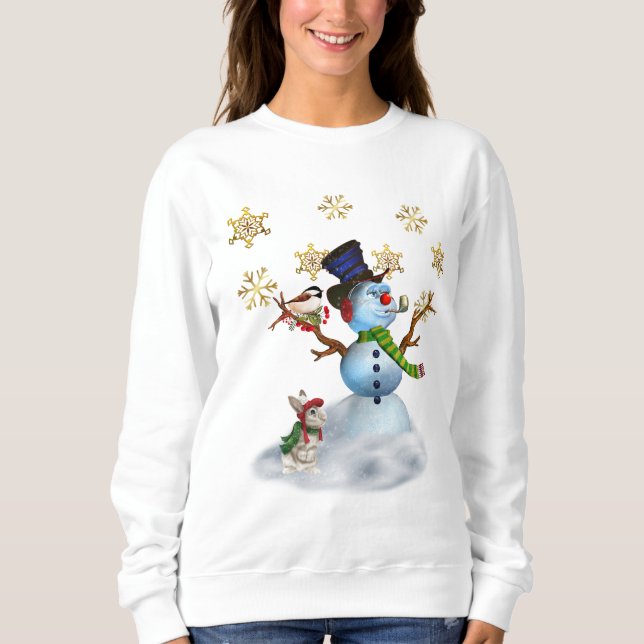 Camiseta Camisola de Natal feminina com boneco de neve (Frente)