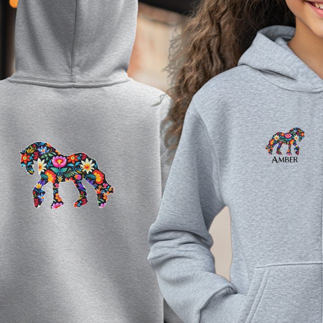 Camiseta Camisola-doce, com capuz, de cavalaria floral (Youth floral draft horse hoodie in gray)