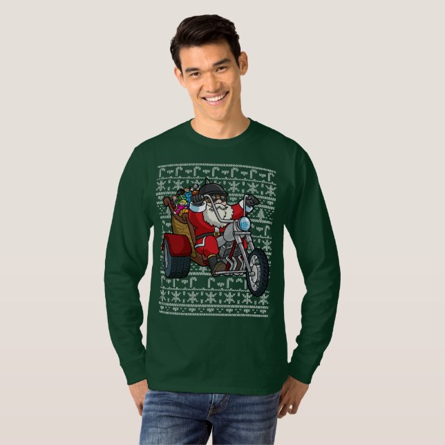 Camiseta Camisola feia Papai Noel do Natal na motocicleta (Frente Completa)
