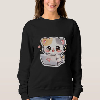 Camiseta Camisola Feminina de Gatinho Kawaii Chibi com Lapt