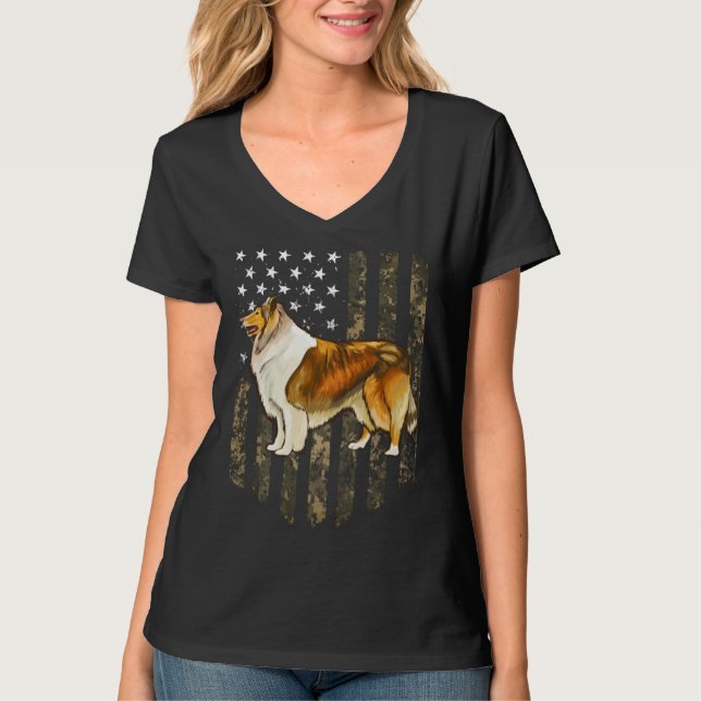 Camiseta Camo American Flag Collie 4th Of July USA (Frente)