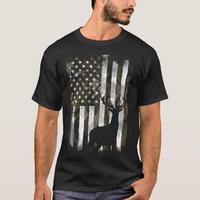Camiseta Camo American Flag Deer Elk Buck, caçando os EUA H (Frente)