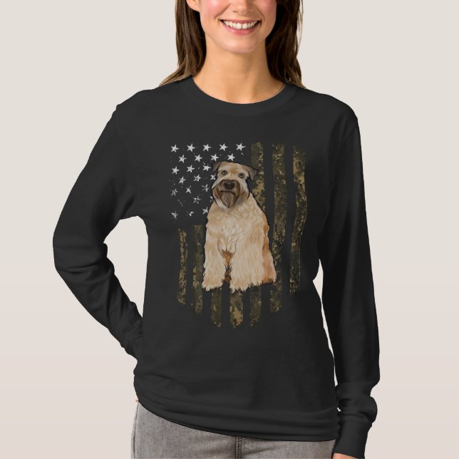 Camiseta Camo American Flag Soft Coated Wheaten Terrier 4th (Frente)