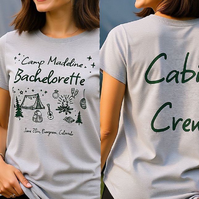 Camiseta Camp Bachelorette Camping Mão Desenhada Tripulação (camp bachelorette cabin crew camping hand drawn written girls trip bach green glamping)