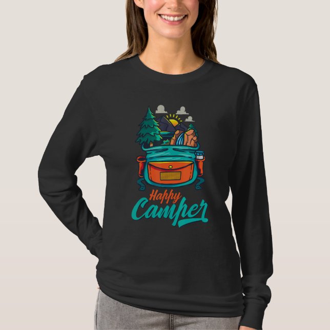 Camiseta Camper Feliz Camping Campfire Mochila Natureza (Frente)