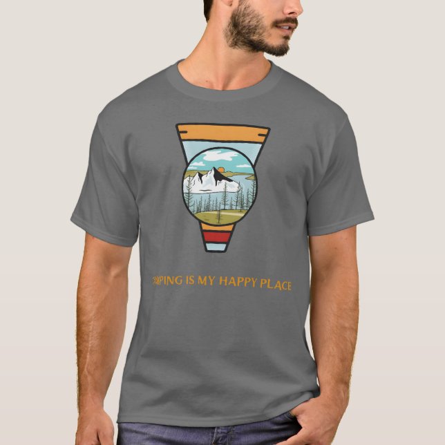 Camiseta Camping É Meu Lugar Feliz Camping retrô (Frente)
