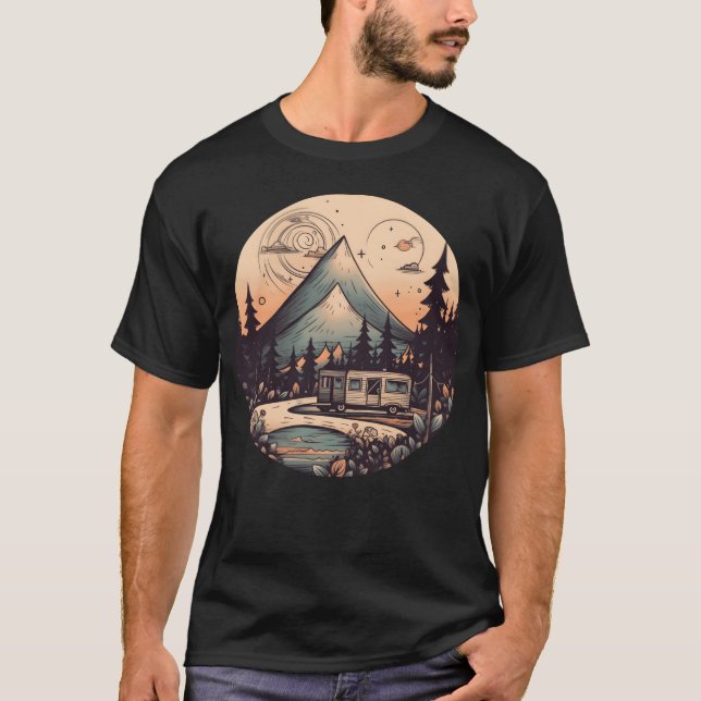 Camiseta camping hiking sunset Retro Modern Style gift (Frente)