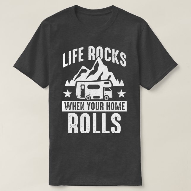 Camiseta Camping Life rocha quando sua casa rola Caravan (Frente do Design)