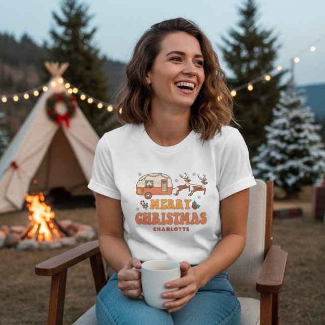 Camiseta Camping Merry Christmas Reindeer Nome Personalizad (Criador carregado)