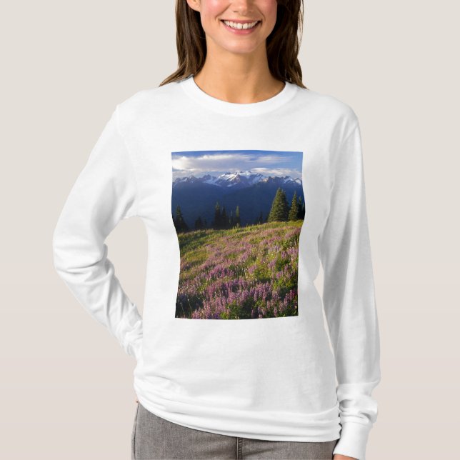 Camiseta Campo de lupino, Mt. Olympus, e nuvens em (Frente)