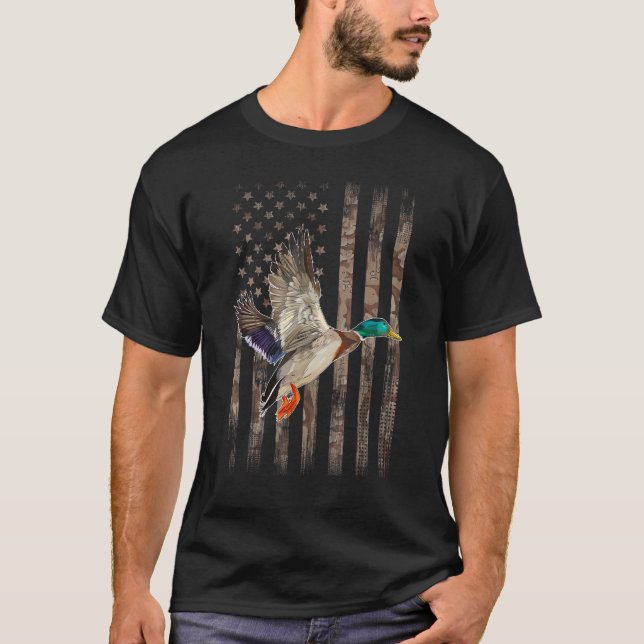 Camiseta Camuflagem Bandeira Americana Pato Caçador Patos C (Frente)