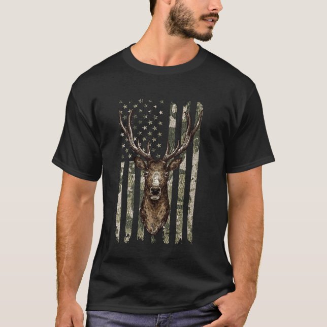 Camiseta Camuflagem Caça ao Veado Alce Cervo Bandeira Ameri (Frente)