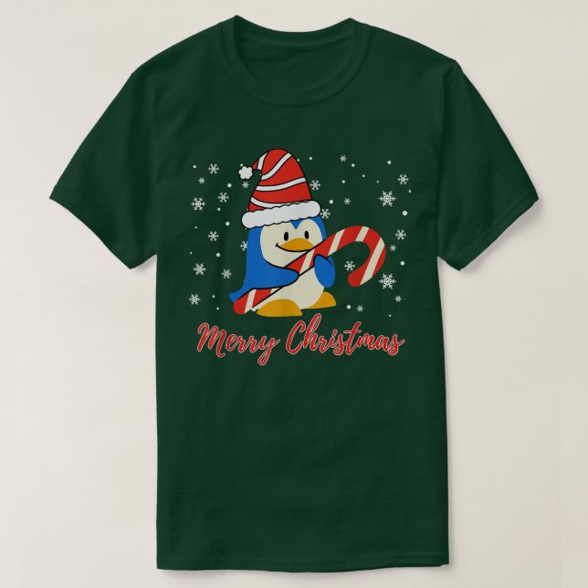 Camiseta Cana-doce doce de pinguim doce de Natal (Frente do Design)
