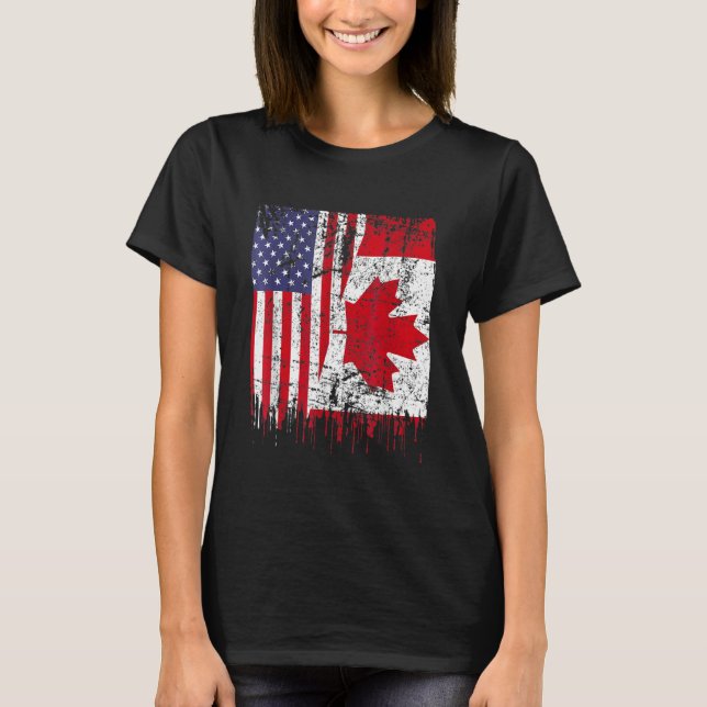 Camiseta Canadense Roots Half American Flag Canada Day Flag (Frente)