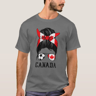 Camiseta Canadiana Soccer Girl Mamãe Messer Bun Canada Flag