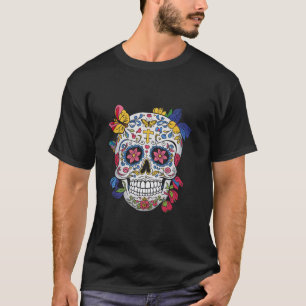Camiseta Câncer Colorido Crânio Borboleta Floral Dia de Los