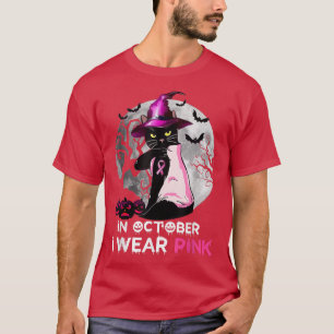 Camiseta Cancer De Mama De Gato Preto Em Outubro Eu Visto F
