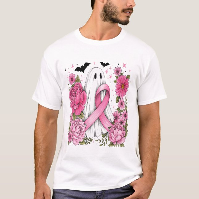 Camiseta Câncer de Mama Halloween Fantasma Boho (Frente)