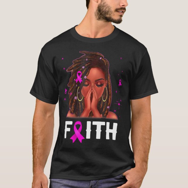 Camiseta Cancer de Mama Negra de Cabelo com Fé (Frente)