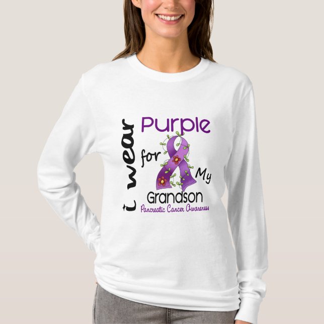 Camiseta Câncer de pâncreas eu visto o roxo para meu neto (Frente)