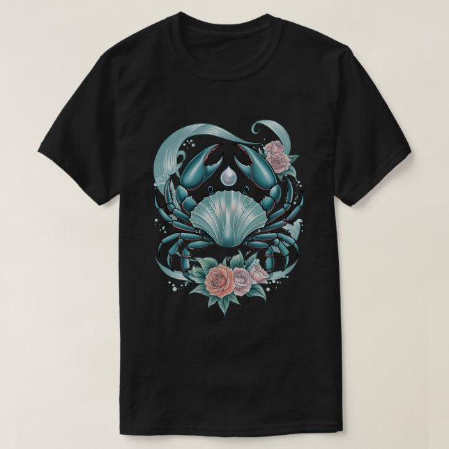 Camiseta Cancer Zodiac – Mystieke Kreeft met Parel & Rozen (Frente do Design)