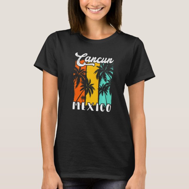Camiseta Cancun Palm Trees Beach Mexico Retro Vacation Fami (Frente)