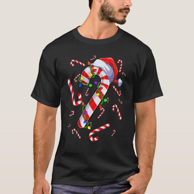 Camiseta Candy Cane Feliz e Bright Red e White Candy Co (Frente)