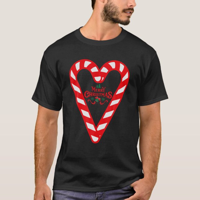Camiseta Candy Cane Feliz Natal Vermelho e White Candy Hea (Frente)