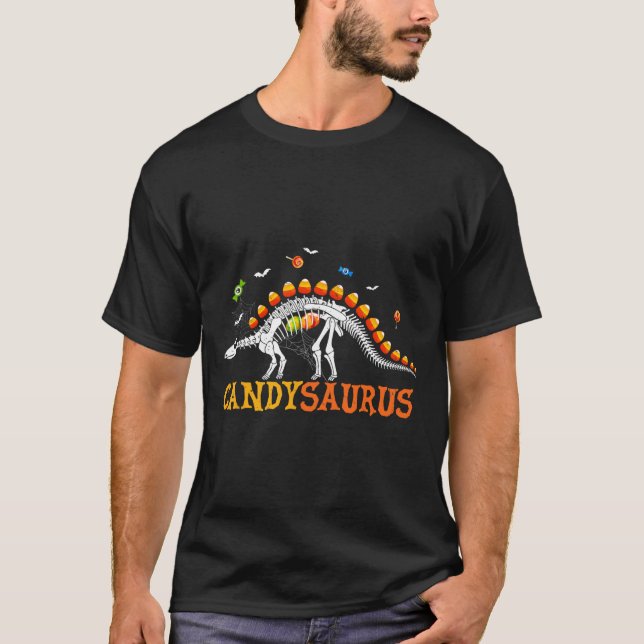 Camiseta Candy Corn Dinosaur Skeleton Feliz Dia das Bruxas (Frente)