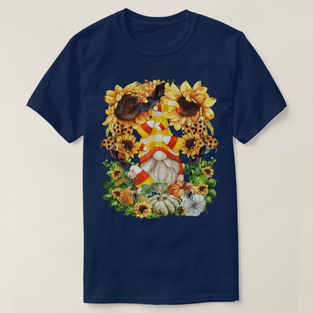Camiseta Candy Corn Gnome Halloween Sunflower Pumpkin Patch (Frente do Design)