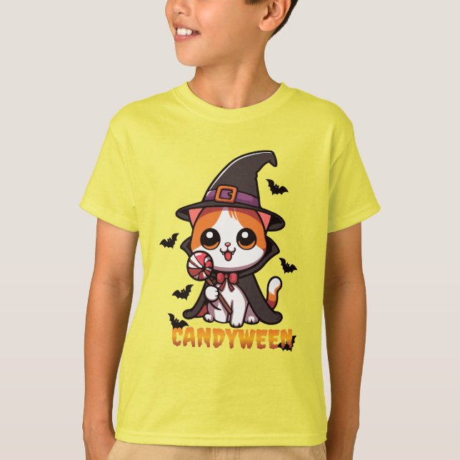 Camiseta candyween - bruxa-gato halloween (Frente)