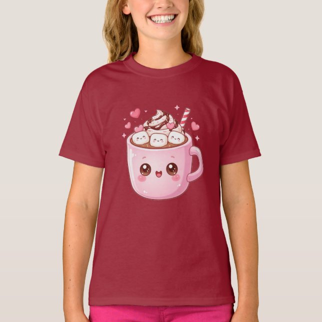 Camiseta Caneca de Chocolate Quente Kawaii Fofa com Marshma (Frente)