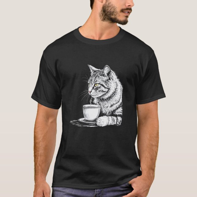 Camiseta Caneca de Gato Bebendo Chá ou Café, Bla da Moda Hi (Frente)