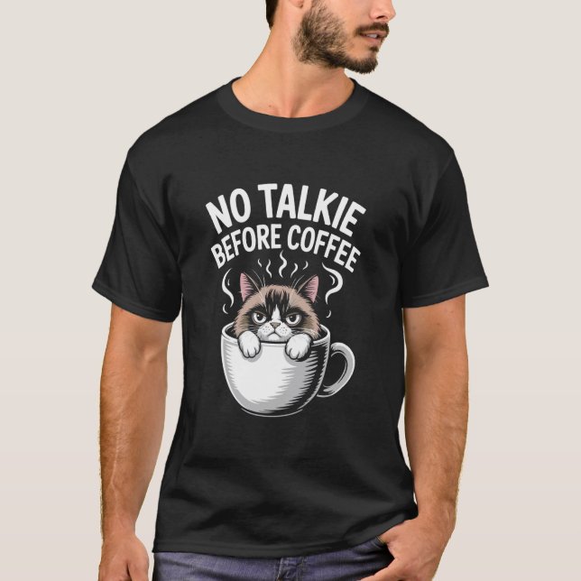 Camiseta Caneca de Gato Sem Conversa Antes do Café Humor Pi (Frente)