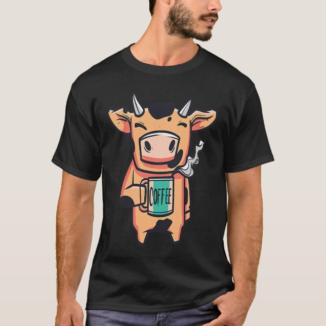 Camiseta Caneca Vaca Fofa Bebendo Café Vaca Engraçada Bebe  (Frente)