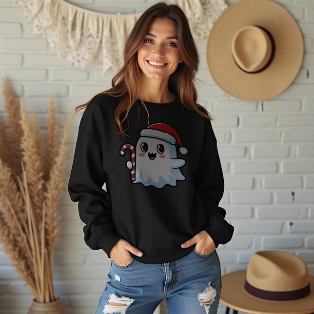 Camiseta Caneta Doces Fantasma de Natal (Christmas Ghost Candy Cane Sweatshirt, Holiday Cute Ghost Jumper, Festive Soft Fleece Pullover)