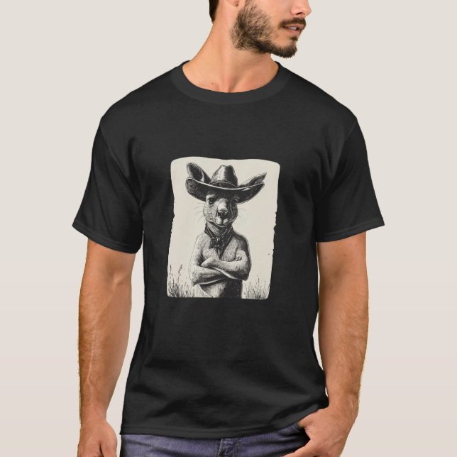 Camiseta Canguru Divertido com Roupa de Chapéu de Cowboy (Frente)