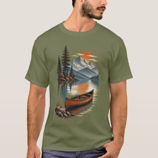 Camiseta Canoa Vintage Sob Montanha ao Pôr do Sol
