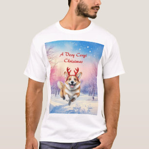 Camiseta Canteiros de Corgi Reindeer de Natal saltando em n