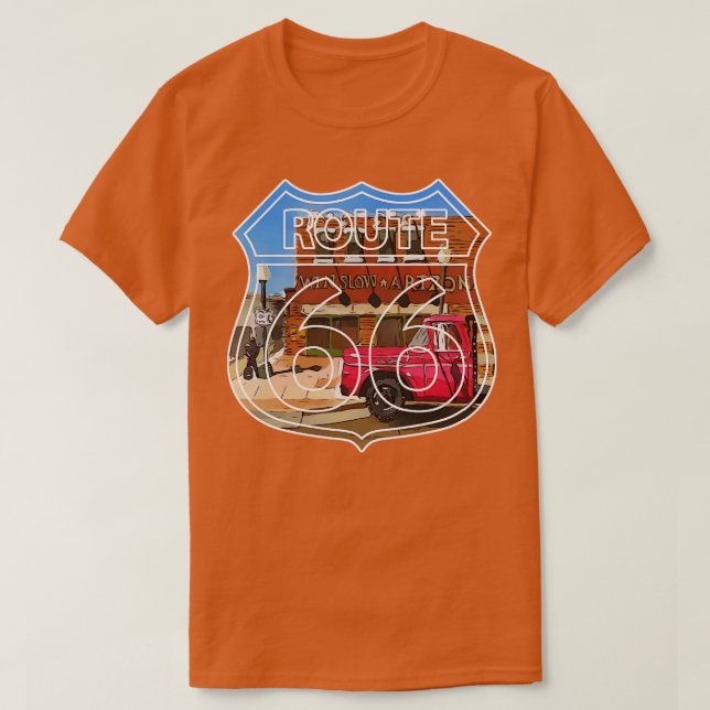 Camiseta Cantinho na Arizona Winslow Route 66 Eagles canção (Frente do Design)