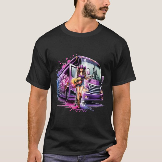 Camiseta Cantor Colorido com Violão e Ônibus Tour (Frente)