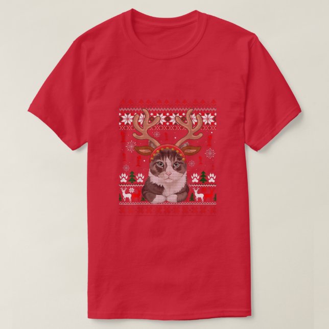 Camiseta Cantor de Natal Gato Reindeer Feio (Frente do Design)