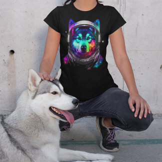 Camiseta Cão-Astronauta Siberiano no Espaço Colorido