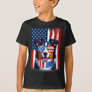 Camiseta Cão Border Collie Bandeira América EUA 4 De Julho