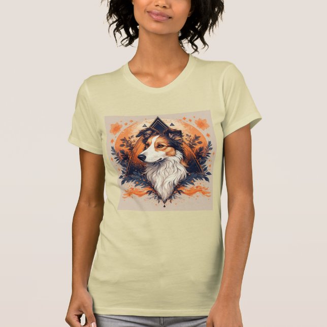 Camiseta Cão Collie com Fundo Geométrico Vibrante (Frente)