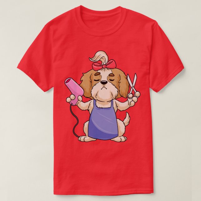 Camiseta Cão como cabeleireiro com tesoura e secador de cab (Frente do Design)